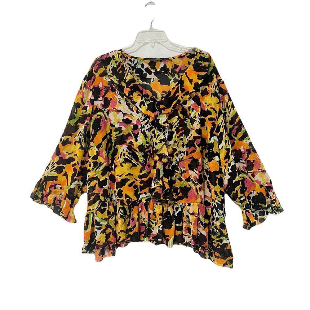 Belissimo Artsy Floral Ruffle Button Up Y2K Top Womens Size 3X Romantic Boho